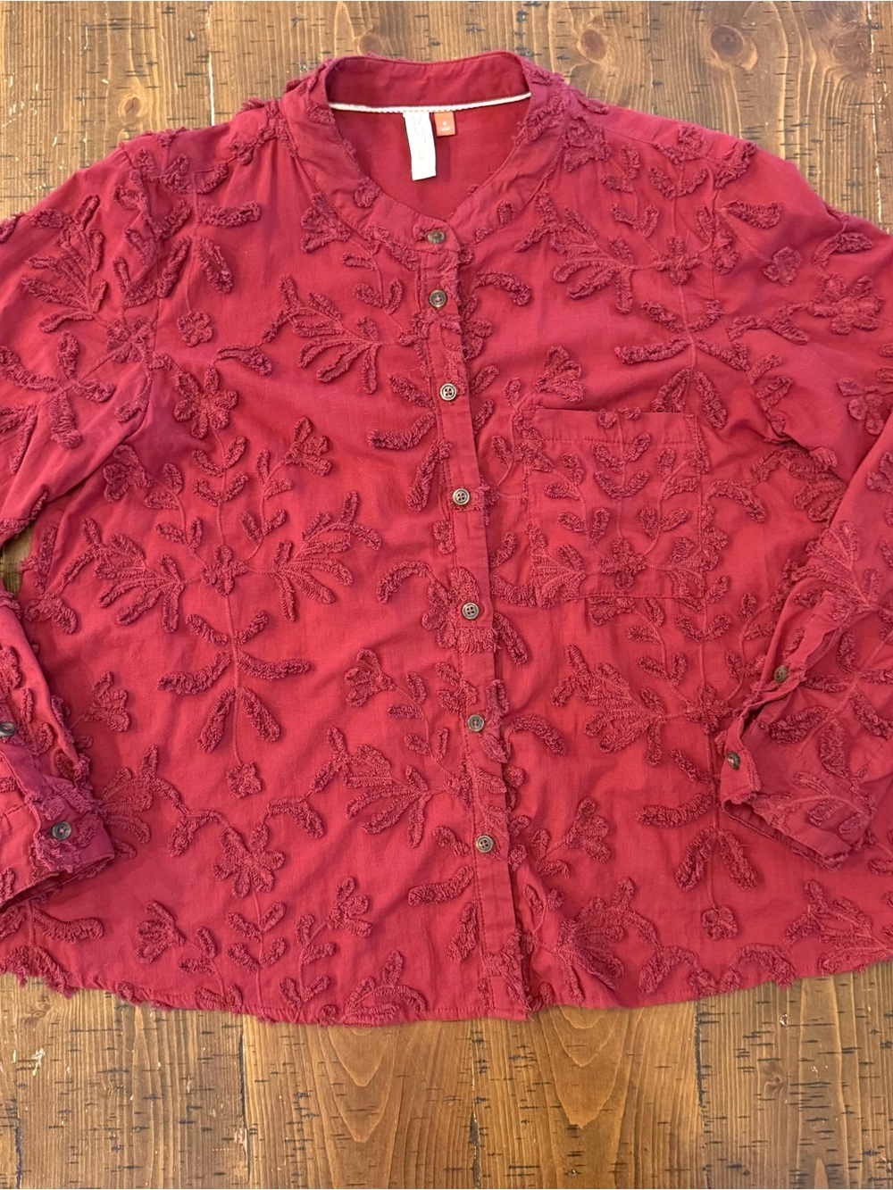 Pilcro by Anthropologie Burgundy Red Button Down Blouse Boho Embroidered Floral